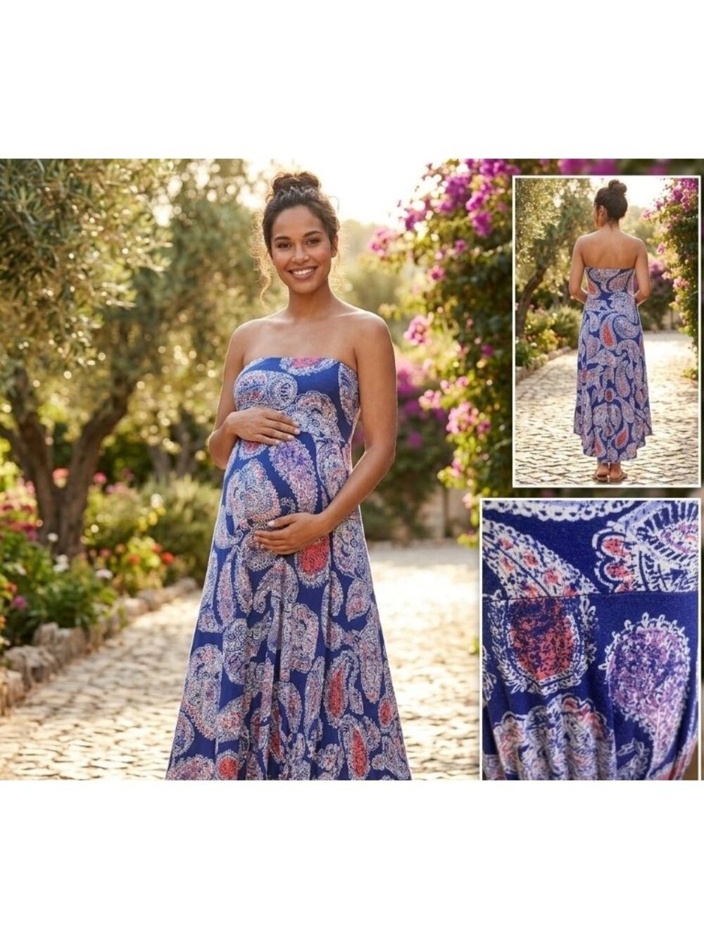 Motherhood Maternity Strapless Paisley Dress S Blue & Coral Rayon Blend
